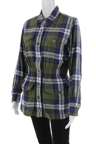Equipment Femme Womens Cotton Plaid Collared Button-Down Top Green Size XS