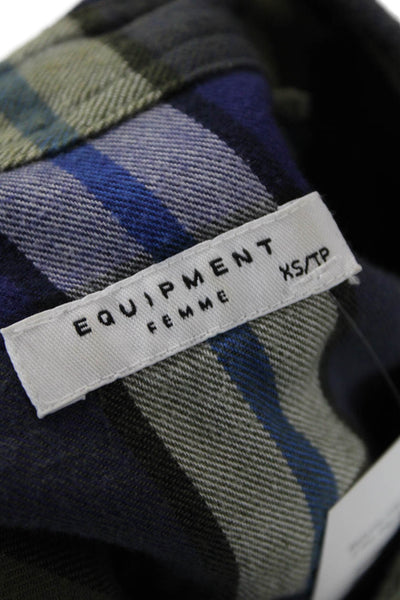 Equipment Femme Womens Cotton Plaid Collared Button-Down Top Green Size XS