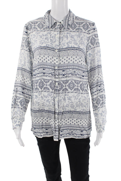 Tribal Womens Geometric Collared Long Sleeve Button-Down Shirt White Size S