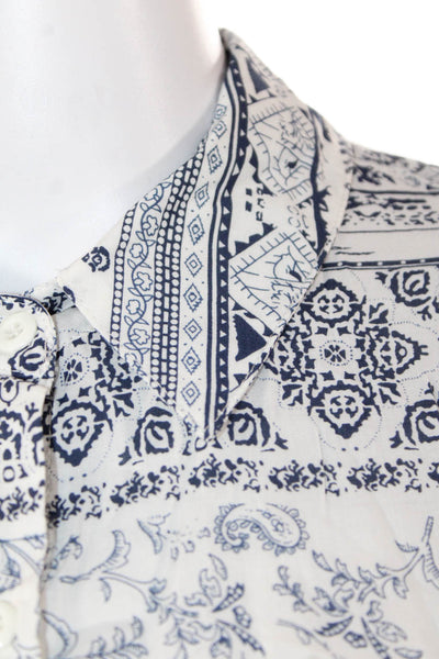 Tribal Womens Geometric Collared Long Sleeve Button-Down Shirt White Size S