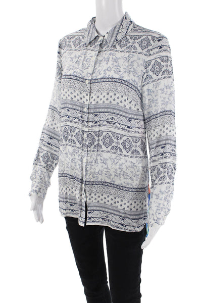 Tribal Womens Geometric Collared Long Sleeve Button-Down Shirt White Size S