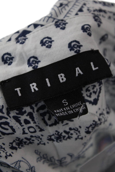 Tribal Womens Geometric Collared Long Sleeve Button-Down Shirt White Size S