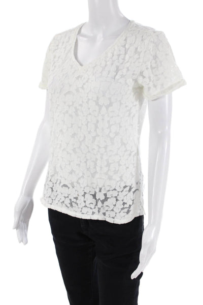 Maje Womens Cotton Burnout Detail V-Neck Short Sleeve T-Shirt White Size 2