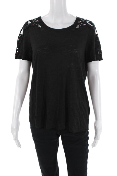 Paige Womens Linen Lace Cutout Detail Crew Neck Short Sleeve Top Black Size S