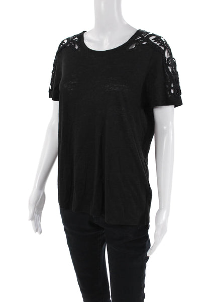 Paige Womens Linen Lace Cutout Detail Crew Neck Short Sleeve Top Black Size S