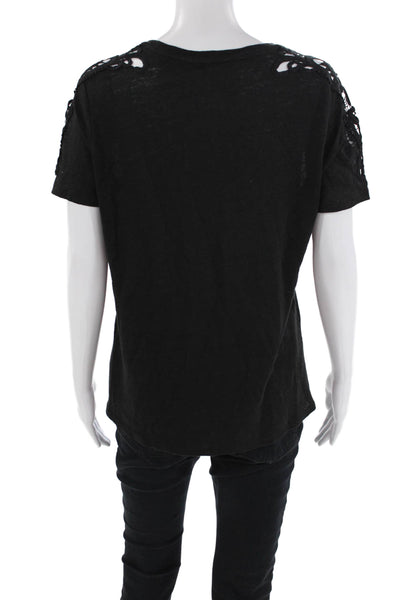 Paige Womens Linen Lace Cutout Detail Crew Neck Short Sleeve Top Black Size S