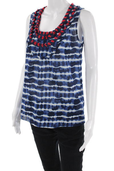 Tory Burch Womens Cotton Tie Dye Striped Tasseled Detail Blouse Blue Size 2