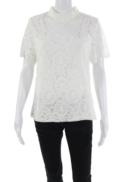 Laundry Womens Textured High Neck Short Sleeve Lace Top White Size M