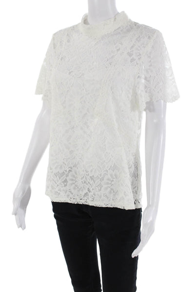 Laundry Womens Textured High Neck Short Sleeve Lace Top White Size M