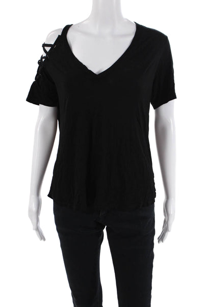 Feel The Piece Womens Textured Short Sleeve V-neck Top Black Size M