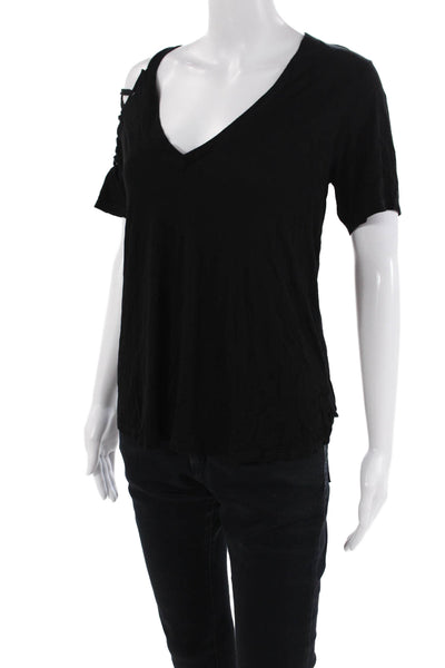 Feel The Piece Womens Textured Short Sleeve V-neck Top Black Size M