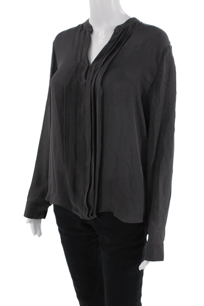L Agence Womens Silk V-neck Long Sleeve Ruched Sleek Blouse Gray Size L