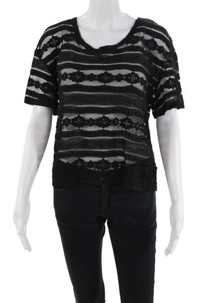 PJK Patterson J Kincaid Womens Round Neck Short Sleeve Lace Sheer Top Black Size
