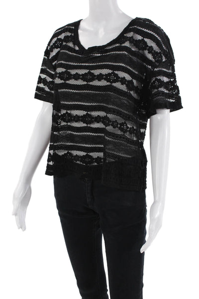 PJK Patterson J Kincaid Womens Round Neck Short Sleeve Lace Sheer Top Black Size