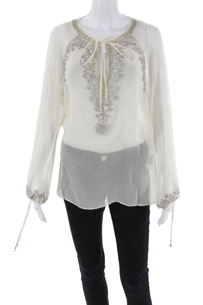 Zara Woman Womens Textured Long Sleeve V-neck Beaded Sheer Top Nude Size L