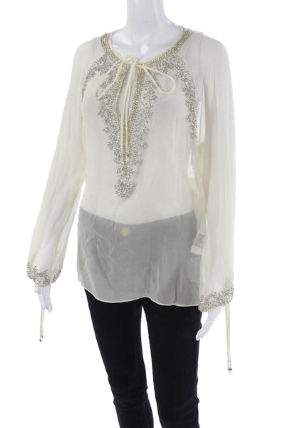 Zara Woman Womens Textured Long Sleeve V-neck Beaded Sheer Top Nude Size L