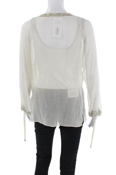 Zara Woman Womens Textured Long Sleeve V-neck Beaded Sheer Top Nude Size L