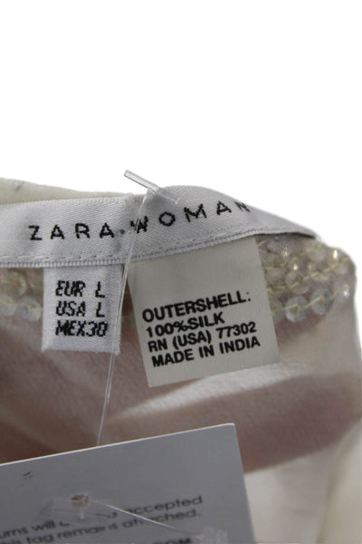 Zara Woman Womens Textured Long Sleeve V-neck Beaded Sheer Top Nude Size L