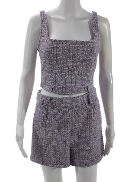 Steve Madden Womens Sleeveless Square Neck Tweed Top Shorts Set Purple Small