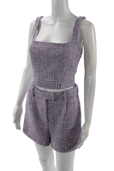Steve Madden Womens Sleeveless Square Neck Tweed Top Shorts Set Purple Small