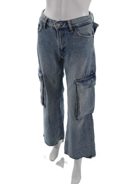 Zara Womens Zipper Fly High Rise Wide Leg Cargo Jeans Blue Denim Size 0