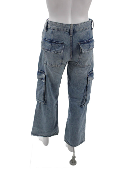 Zara Womens Zipper Fly High Rise Wide Leg Cargo Jeans Blue Denim Size 0