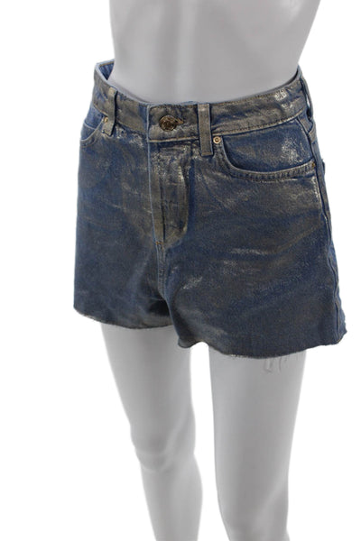 Zara Womens Button Fly Mid Rise Fringe Metallic Denim Short Shorts Blue Size 4