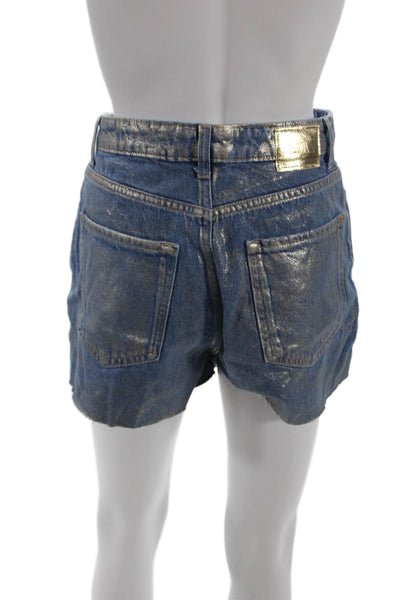 Zara Womens Button Fly Mid Rise Fringe Metallic Denim Short Shorts Blue Size 4