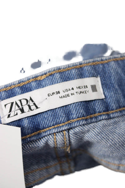 Zara Womens Button Fly Mid Rise Fringe Metallic Denim Short Shorts Blue Size 4
