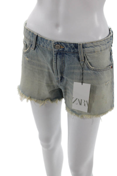 Zara Womens Zipper Fly Low Rise Fringe Distressed Mini Denim Shorts Blue Size 4