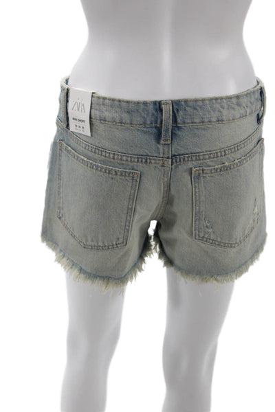 Zara Womens Zipper Fly Low Rise Fringe Distressed Mini Denim Shorts Blue Size 4