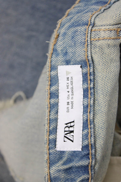 Zara Womens Zipper Fly Low Rise Fringe Distressed Mini Denim Shorts Blue Size 4