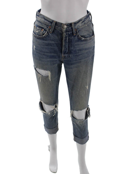 Grlfrnd Womens Button Fly High Rise Distressed Cropped Jeans Blue Size 23