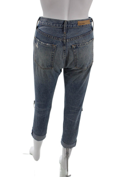 Grlfrnd Womens Button Fly High Rise Distressed Cropped Jeans Blue Size 23
