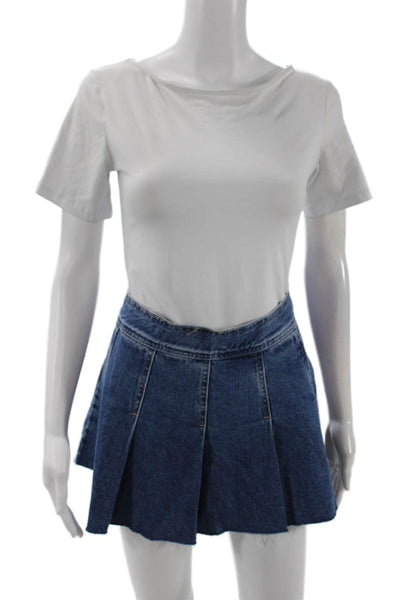 MNG Womens Side Zip Pleated Fringe Denim Mini A Line SKirt Blue Size Medium