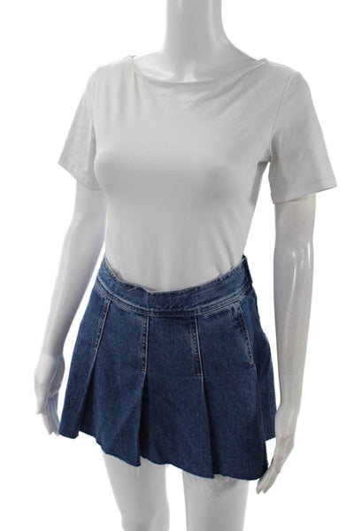 MNG Womens Side Zip Pleated Fringe Denim Mini A Line SKirt Blue Size Medium