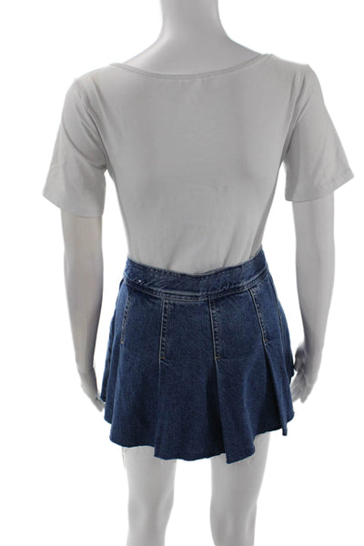 MNG Womens Side Zip Pleated Fringe Denim Mini A Line SKirt Blue Size Medium