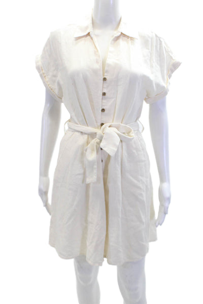 Zara Womens Linen Collared Tied Sleeveless Button-Down Mini Dress Cream Size S