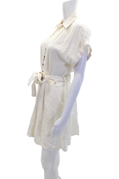 Zara Womens Linen Collared Tied Sleeveless Button-Down Mini Dress Cream Size S