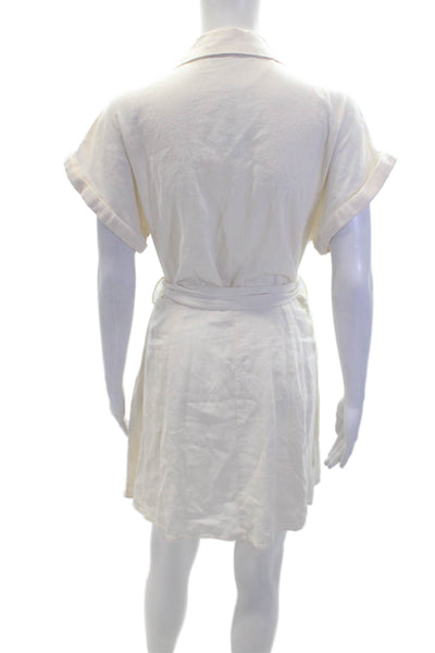 Zara Womens Linen Collared Tied Sleeveless Button-Down Mini Dress Cream Size S
