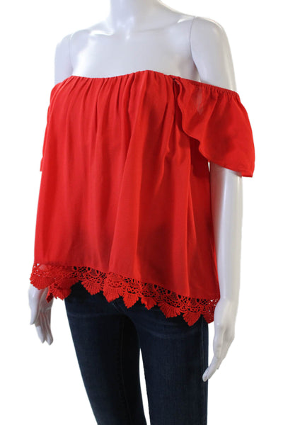 Lovers + Friends Womens Crochet Trim Short Sleeves Blouse Orange Size Small