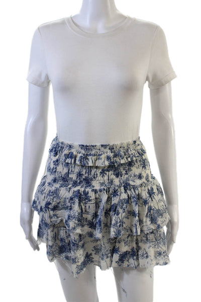 Sir. Womens Smocked Waistband Tiered Abstract Mini Skirt White Blue Size 0