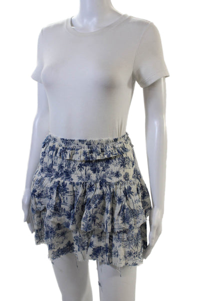 Sir. Womens Smocked Waistband Tiered Abstract Mini Skirt White Blue Size 0