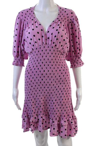 Faithfull The Brand Womens Polka Dot V Neck Smocked Dress Pink Black Size 6