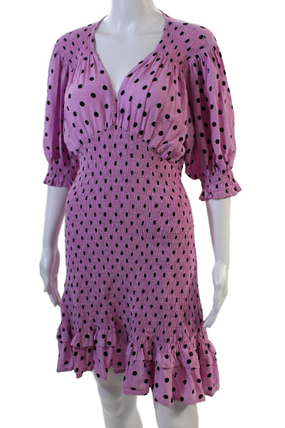 Faithfull The Brand Womens Polka Dot V Neck Smocked Dress Pink Black Size 6