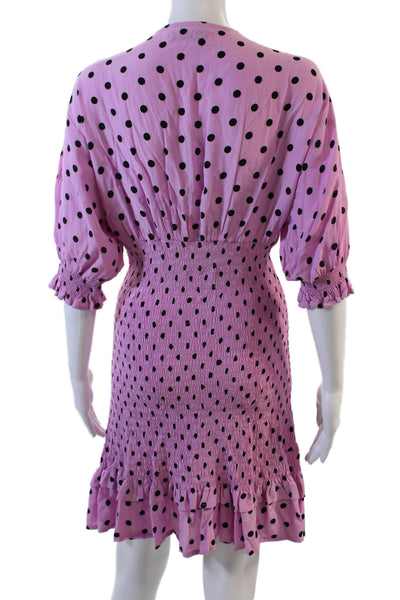 Faithfull The Brand Womens Polka Dot V Neck Smocked Dress Pink Black Size 6