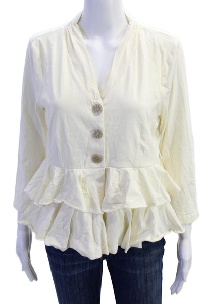 Sundance Womens Long Sleeve V Neck Button Up Ruffle Top Cream Size L
