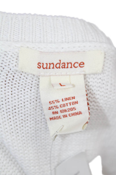 Sundance Womens Linen Long Sleeve Embroidered Trim Knit Top White Size L