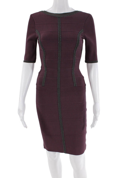 Herve Leger Womens Back Zip Short Sleeve Beaded Trim Stretch Dress Purple XS