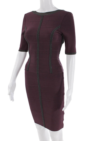Herve Leger Womens Back Zip Short Sleeve Beaded Trim Stretch Dress Purple XS